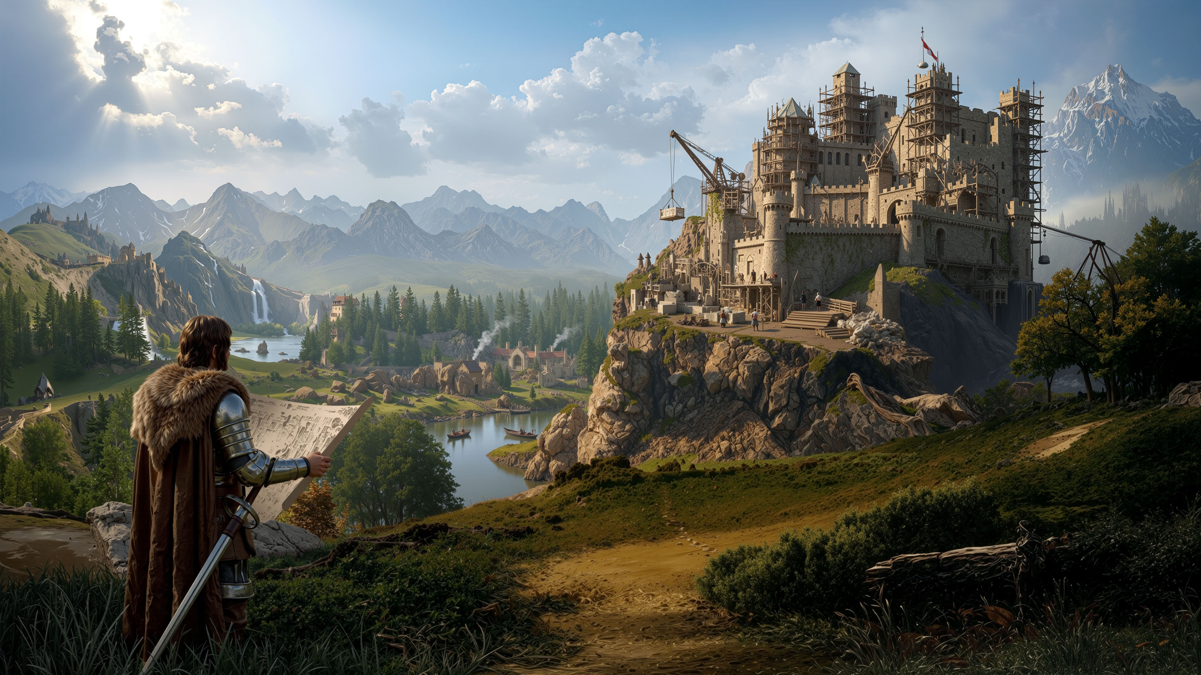 A vast medieval landscape with misty mountains and castle battlements at dawn